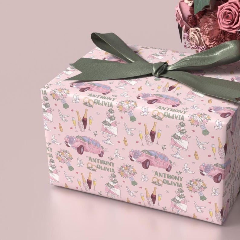 Personalized Wedding Celebration Gift Wrap - Customizable with Name and Elegant Design, Pink Rolls Roys, White Wedding Cake, Bridal Shower