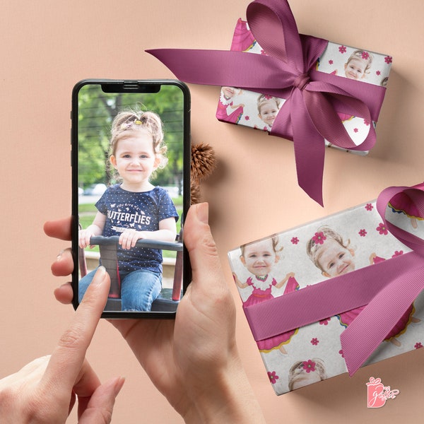 Print Any Face Cutout on Cute Birthday Princess in Pink Dress Custom Photo Gift Personalization Wrapping Paper For Girls, Women, Teens