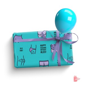 Papel de regalo de cumpleaños con traseros divertidos en azul, papel de regalo personalizado, humor para adultos, regalo para adultos jóvenes, hojas de papel de regalo con traseros, mensaje personalizado