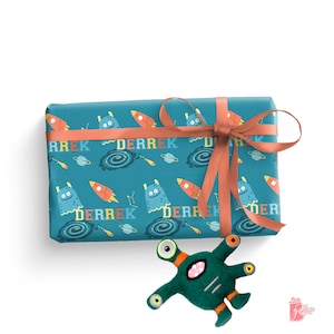 Enchanting and Playful Gift Wrap - Little Space Monster, Orange Space Ship, Stars, and Galaxies, Birthday Gift Wrap for Boys, Girls 24&quot; W