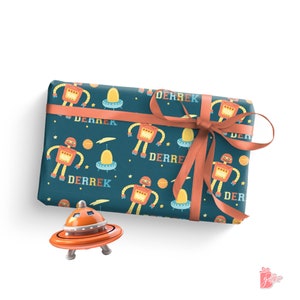 Happy Alien Robot Personalized Space Birthday Gift Wrapping Paper, for Boys, Girls 24&quot; W
