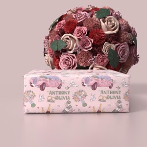 Personalized Wedding Celebration Gift Wrap - Customizable with Name and Elegant Design, Pink Rolls Roys, White Wedding Cake, Bridal Shower