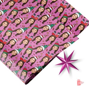 Crazy Elf Cap Your Face on Gift Wrap, Funny Custom Photo Christmas, Best Xmas Gift Bags, Pink Gift Wrap Paper Roll 24" W