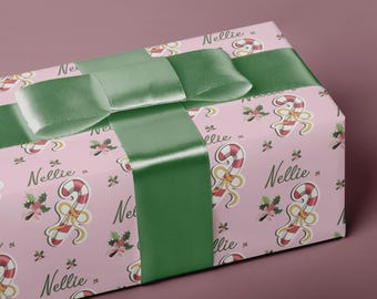 Custom Name Candy Cane Wrapping Paper, Pink Christmas Gift Wrap for Elegant Holiday Gifting