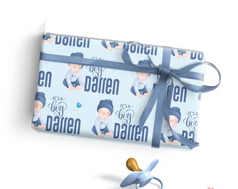 Personalized Baby Boy Wrapping Paper, Custom Name Gift Wrap for Newborn Presents