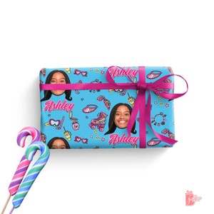 Malibu Barbie Style Photo Personalized Gift Wrap: Name in Classic Barbi Font with Fun Beach Accessories for Girls, Teens Birthday Party