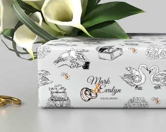 Papel de regalo de boda personalizado, con nombres y fecha personalizados.