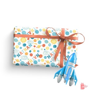 Personalized Adorable Planets Space Gift Wrapping Paper, Custom Name in Colorful Bold Letters, Birthday Wrapping Paper for Boys, Girls 24&quot; W