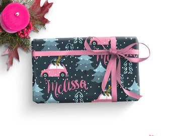 Pink Christmas Car in Winter Snow w/ Custom First Name on Holiday Season Wrapping Paper Roll for girls, teens, women 24in W, Cute Beetle Car