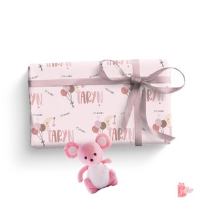 Cute Personalized Gift Wrap for Girls | Pink Balloons Wrapping Paper | Custom Baby Shower Gift Paper | Unique Newborn Baby Gift Paper