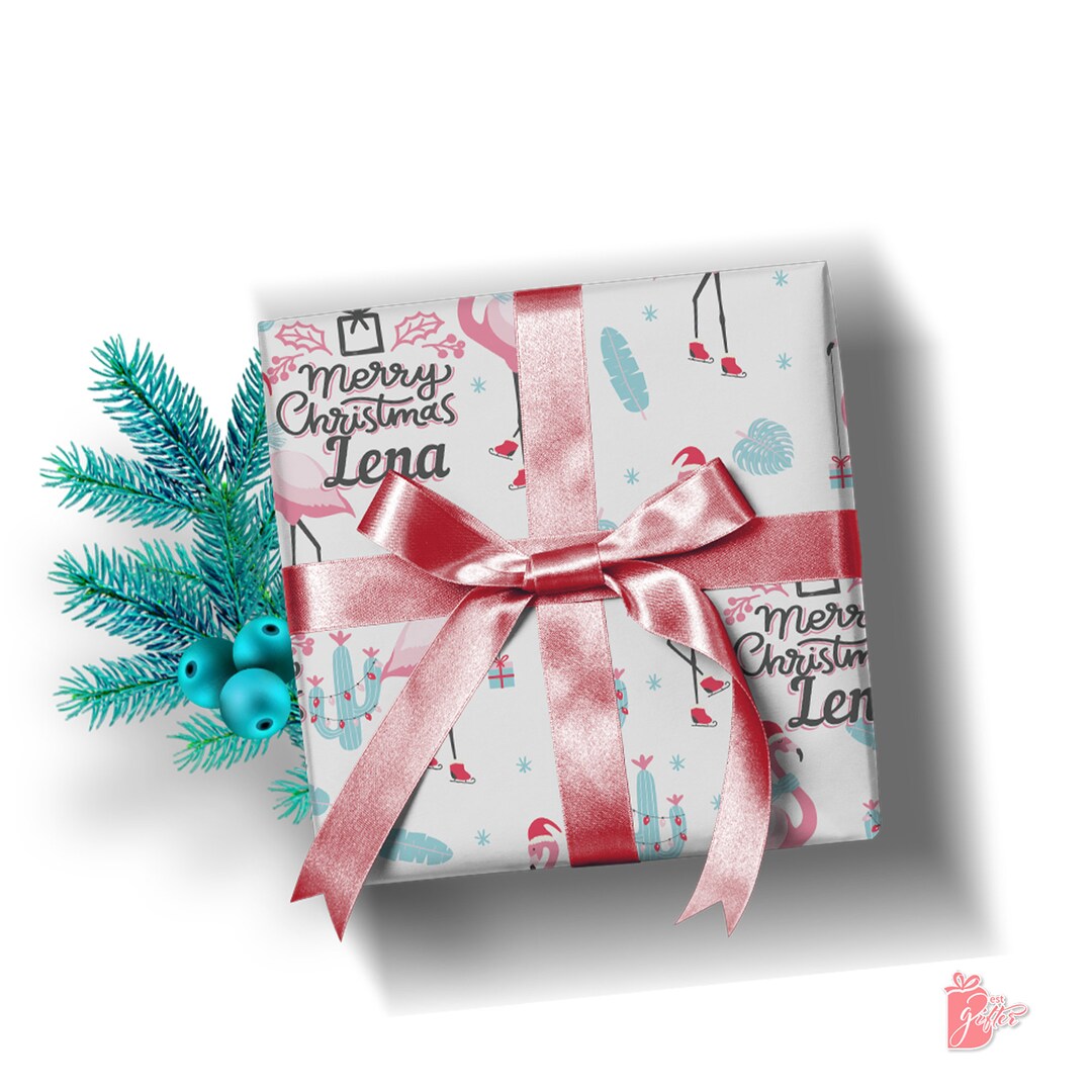 Pink Flamingo in Santa Hat With Blue Cacti and Feathers on White Personalized Christmas Wishes