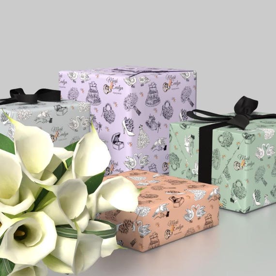 Personalized Wedding Gift Wrap, Custom Couple Names, Elegant Illustrations