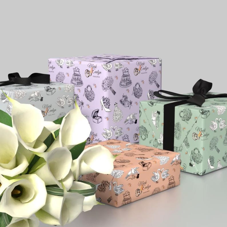 romantic roses wrapping paper, personalized wedding gift wrap, custom anniversary wrapping paper, striped background with roses, couple's names on wrapping paper, custom Valentine’s gift wrap, bridal shower gift wrap