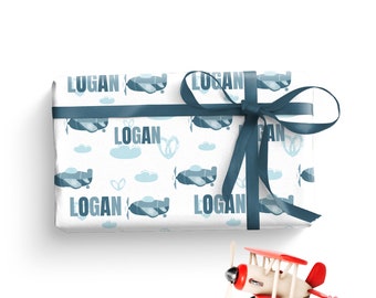 Personalized Blue Airplane Gift Wrap, Custom Name Wrapping Paper for Kids