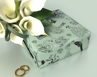 Personalized Mr & Mrs Wedding Wrapping Paper with Hand-Drawn Illustrations | Custom Just Married Wrap