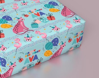 Personalized Pink Leopard Wrapping Paper, Custom Name Birthday Gift Wrap for Kids