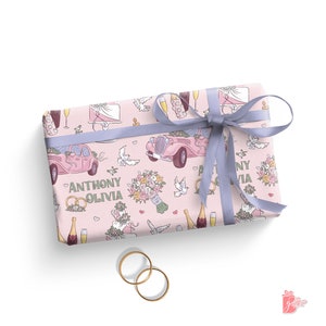 Personalized Wedding Celebration Gift Wrap - Customizable with Name and Elegant Design, Pink Rolls Roys, White Wedding Cake, Bridal Shower