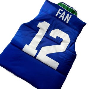 May include: A blue and green reversible vest with the number "12" and the word "FAN" on the back.