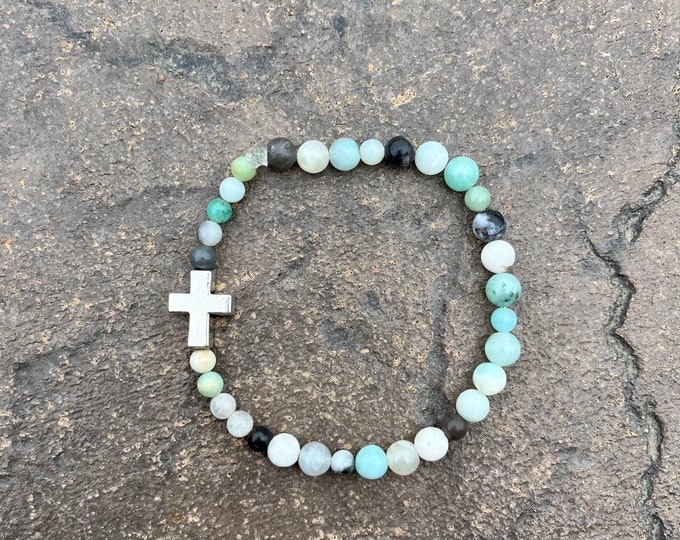 Fluorite Beaded Bracelet with a silver cross bead