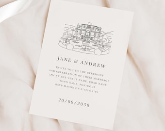 May include: A wedding invitation with a black and white illustration of a house. The text reads "Jane & Andrew Invite you to the ceremony and celebration of their marriage 7PM at the venue name, road name, town name, postcode RSVP Mason on 07123456789 20/09/2030"