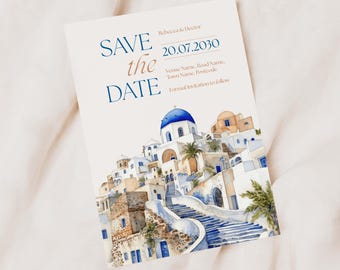 Può includere: Carta di salvataggio della data con un'illustrazione ad acquerello di un villaggio greco bianco e blu con una chiesa a cupola blu. Il testo sulla carta recita "Save the Date" in blu e "Rebecca & Hector" e "20.07.2030" in marrone.
