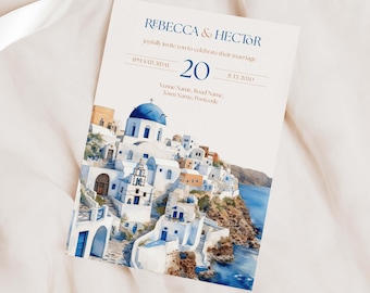 Santorini Wedding Invitation, Greek Island Destination Wedding Invite, Mediterranean Wedding Stationery, Personalised Printed Invitation