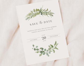 Biglietti Save the Date con tema Greenery, inviti di nozze botanici, design floreale rustico, eucalipto verde oliva