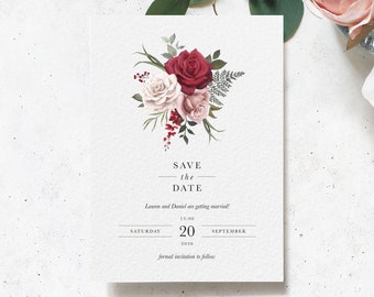 Burgundy and blush Save the Date, Romantic Save the Date, Floral Save the Date, Pink and Red Save the Date, Rose Save the Date