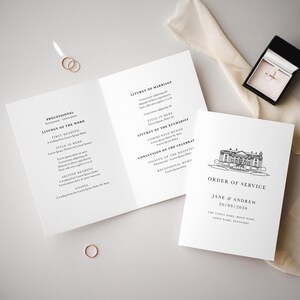 Wedding Order of Service with Venue Illustration, Personalised Hand-Drawn Design, Ceremony Programme