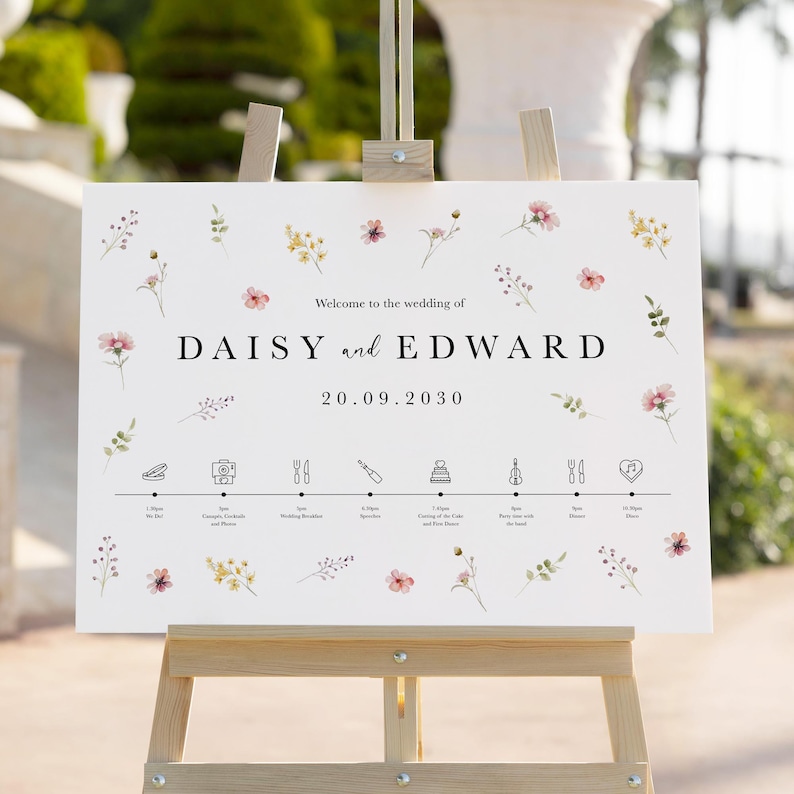 Wildflower Wedding Welcome Sign, Pressed Floral Order of the Day, Rustic Spring Summer Botanical Design image 3