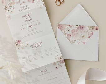 Pink Wedding Invitations, Folded Concertina, Summer Spring Florals with Free Envelopes and RSVP