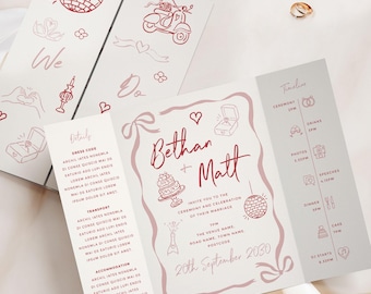 Blush Pink Gatefold Wedding Invitation Printed, Hand Drawn Doodle Wedding Invite, Modern Fun Folded Wedding Stationery Invitation Suite