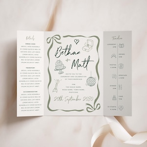 Doodle Gatefold Wedding Invitation, Fun Hand Drawn Green Design, Modern Whimsical Wedding Invite Cards