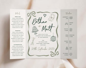 Doodle Gatefold Wedding Invitation, Fun Hand Drawn Green Design, Modern Whimsical Wedding Invite Cards