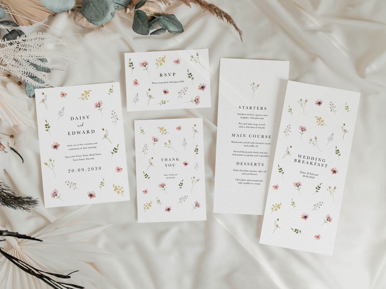 May include: Wedding invitation suite with floral designs. The invitation card says "Daisy and Edward" with the date "20.09.2030". The RSVP card says "RSVP" and the thank you card says "Thank You". The menu card says "Wedding Breakfast" and lists the starters, main course, and desserts.