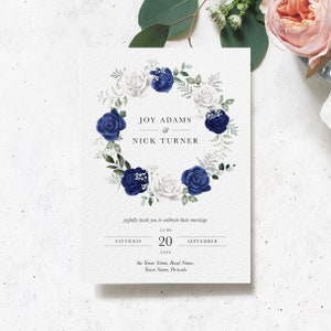 Blue Wedding Invitation, Royal Blue Wedding Invite, Wedding Invitations, Floral Wedding Invitation, Blue Wedding Invites