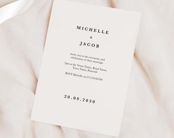 May include: Wedding invitation card with a white background and black text. The card reads "Michelle & Jacob" and includes the date "20.09.2030".