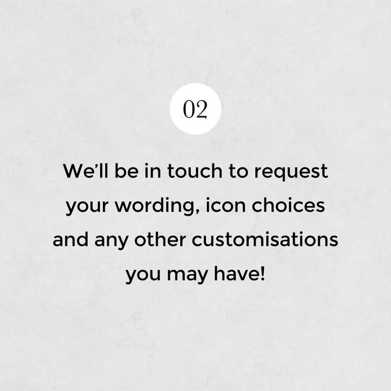 May include: A light gray background with the number "02" in a white circle at the top. Text below reads: "We'll be in touch to request your wording, icon choices and any other customisations you may have!"