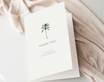Personalised Palm Tree Wedding Thank You Card, Printed Minimalist Tropical Beach Destination Note Cards, Personalized Elegant Summer Set UK