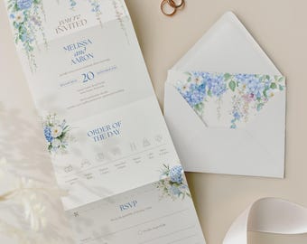 Blue Folded Wedding Invitations, Free RSVP, Summer Spring Floral Concertina Trifold with Envelopes