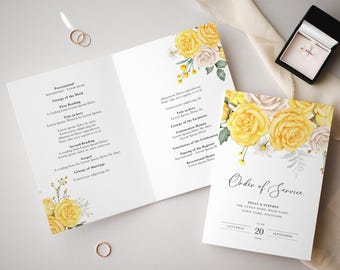 Yellow Rose Wedding Order of Service Booklet, Printed Yellow Floral Wedding Programme, Yellow Wedding Ceremony Order of Events Program