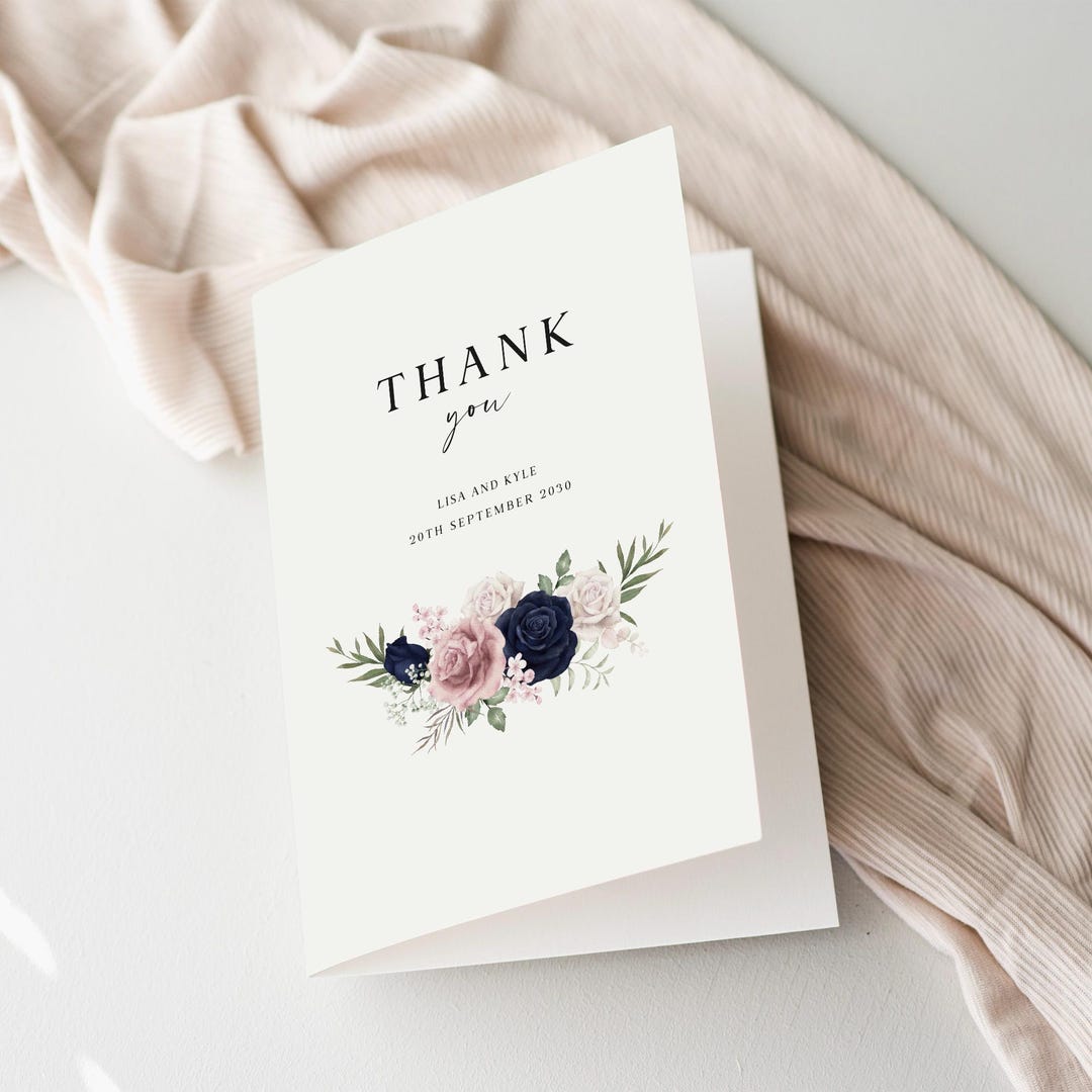 Personalised Navy and Blush Floral Wedding Thank You Card, Printed Pink ...