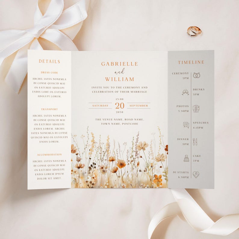 Autumn Gatefold Wedding Invitations, Wildflower Rustic Boho Invite, Brown Floral Fall Wedding Invitations, Personalized Invite Suite zdjęcie 2