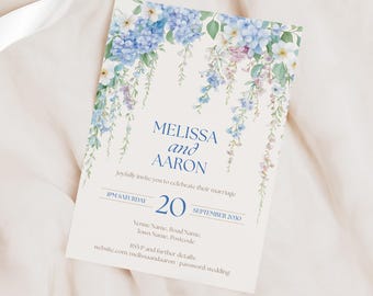 Dusty Blue Floral Wedding Invitations, Elegant Romantic Design, Custom Wedding Stationery Invite Card