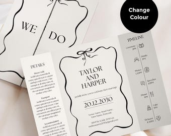 Doodle Gatefold Wedding Invitation Set, Modern Ribbon Bow Black and White Design, Minimalist Invite