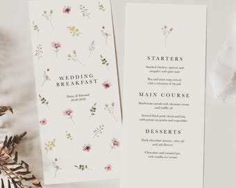 May include: Wedding breakfast menu with floral illustrations. The menu includes starters, main course, and desserts. The text reads "Wedding Breakfast", "Daisy & Edward", "20.09.2000", "Starters", "Smoked chicken, apricot and aruguler with pine nuts", "Pea and mint soup served with a selection of breads", "Main Course", "Mushroom ravioli with chestnut cream and truffle oil", "Stewed black pork check and loin with potato au gratin and vegetables", "Desserts", "Dark chocolate mousse, olive oil and salt flowers", "Chocolate and caramel pie with vanilla ice cream".