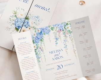 Powder Blue Floral Gatefold Wedding Invitation, Hydrangea Wisteria Botanical Invite, Elegant Folded Wedding Invite, Garden Wedding Suite Set