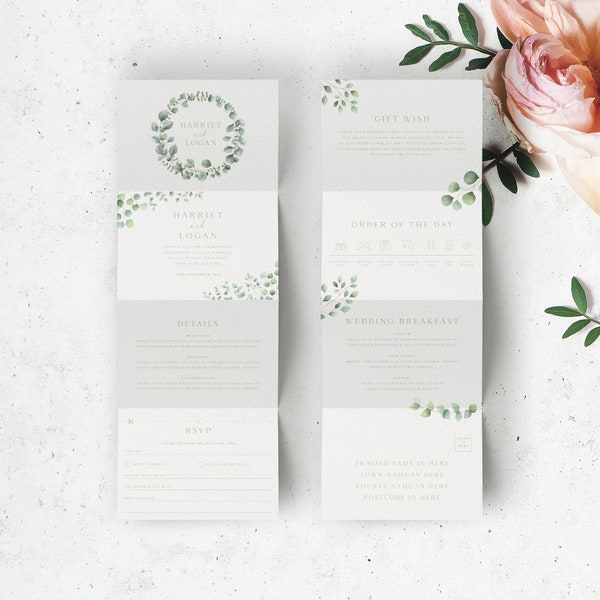 Greenery Wedding Invitation, Concertina Wedding Invitation, Eucalyptus Wedding Invite, Wedding Invitation and RSVP, Folded Wedding Invite