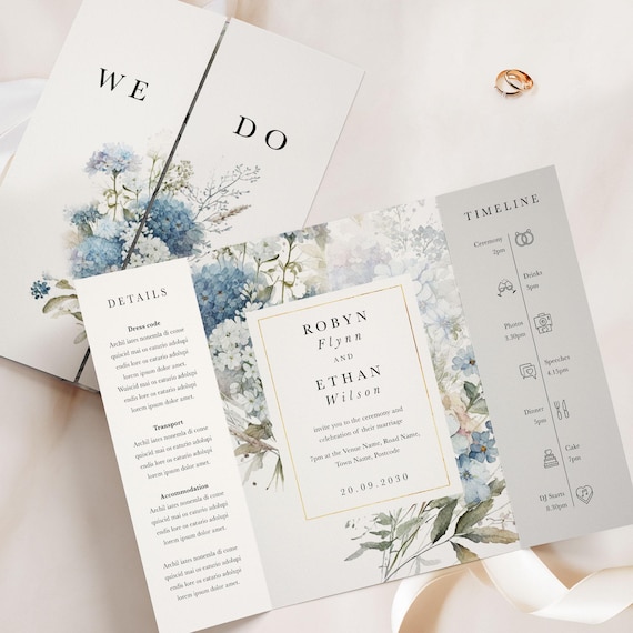 Dusty Blue Floral Gatefold Invitation, Elegant Romantic Wedding Stationery, Personalised Invites