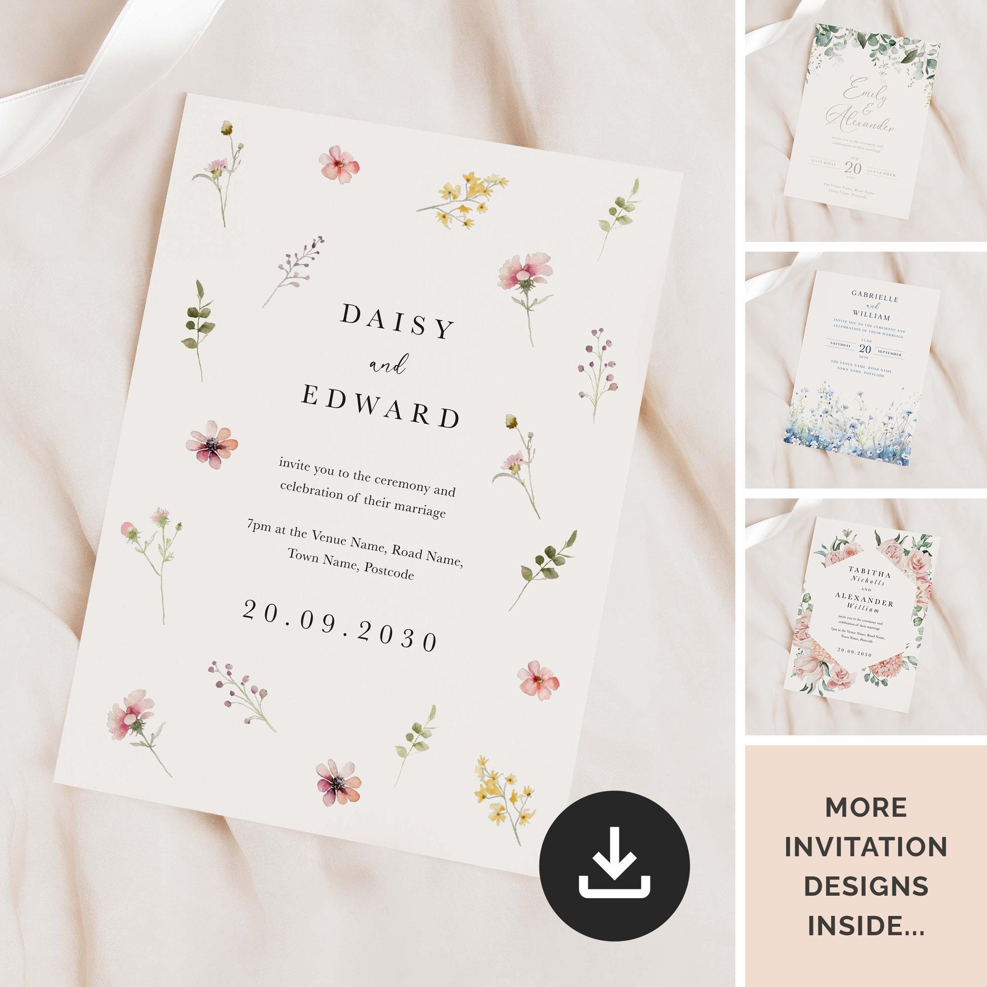 Floral Wedding Invitations: Pink & Blue, Printable Cards (Digital Download)